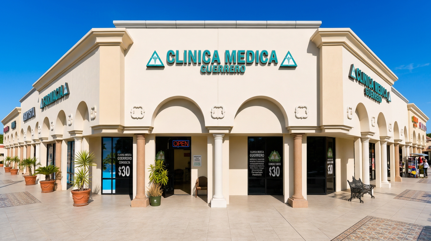 Cream stucco storefront of Clínica Médica Guerrero with three arches and columns